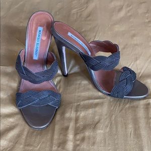 Manolo Blahnik Metallic Gray Braided Strap Heels